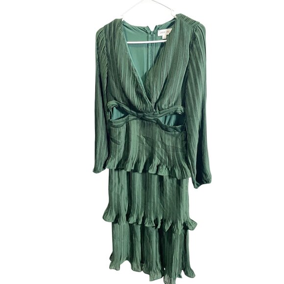 Just Me Dresses & Skirts - Just Me Pleated Green Ruffled Midi Dress Small V-Neck Long Sleeve